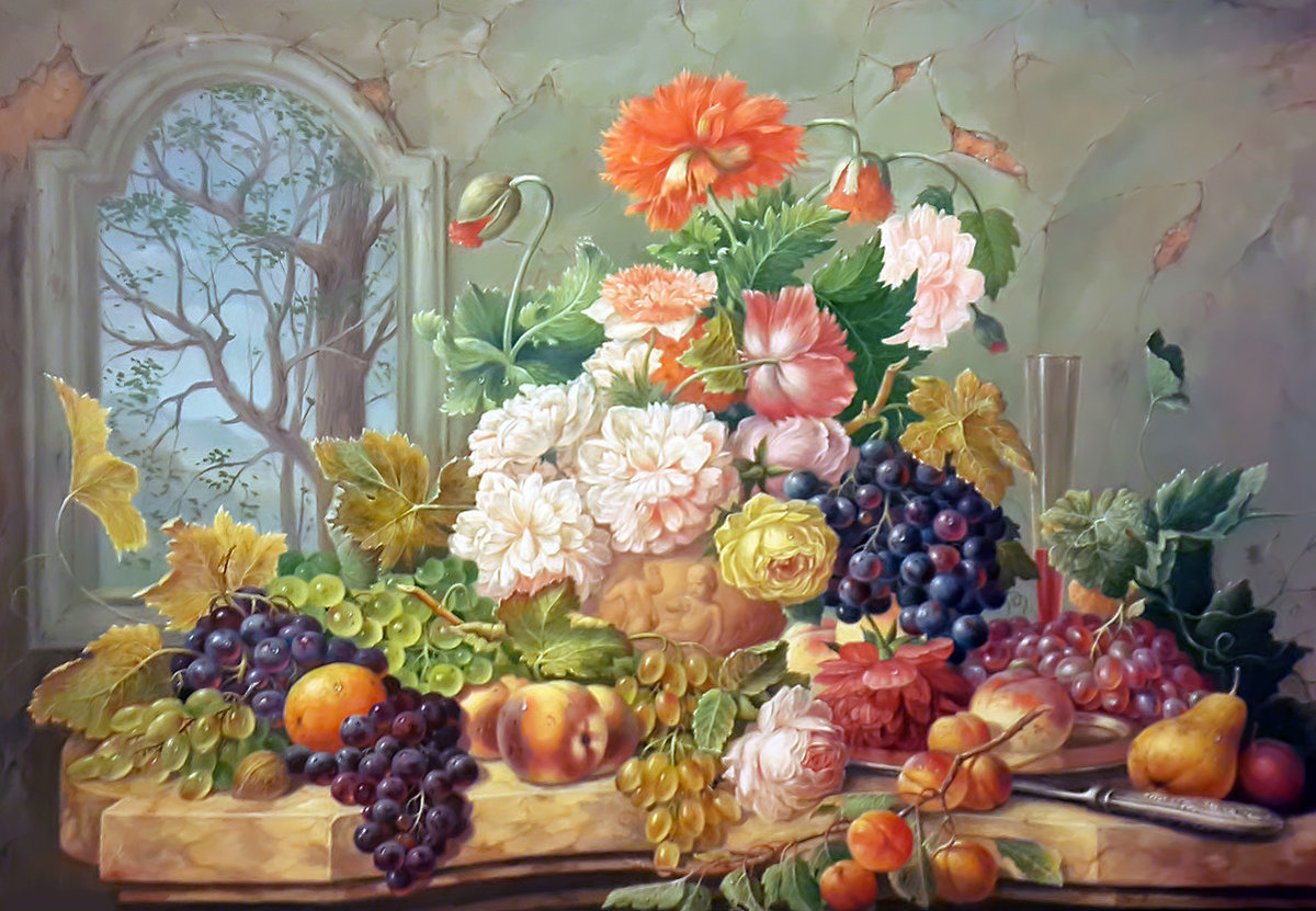 НАТЮРМОРТ ИЗОБИЛИЕ - цветы, фрукты, натюрморт - оригинал
