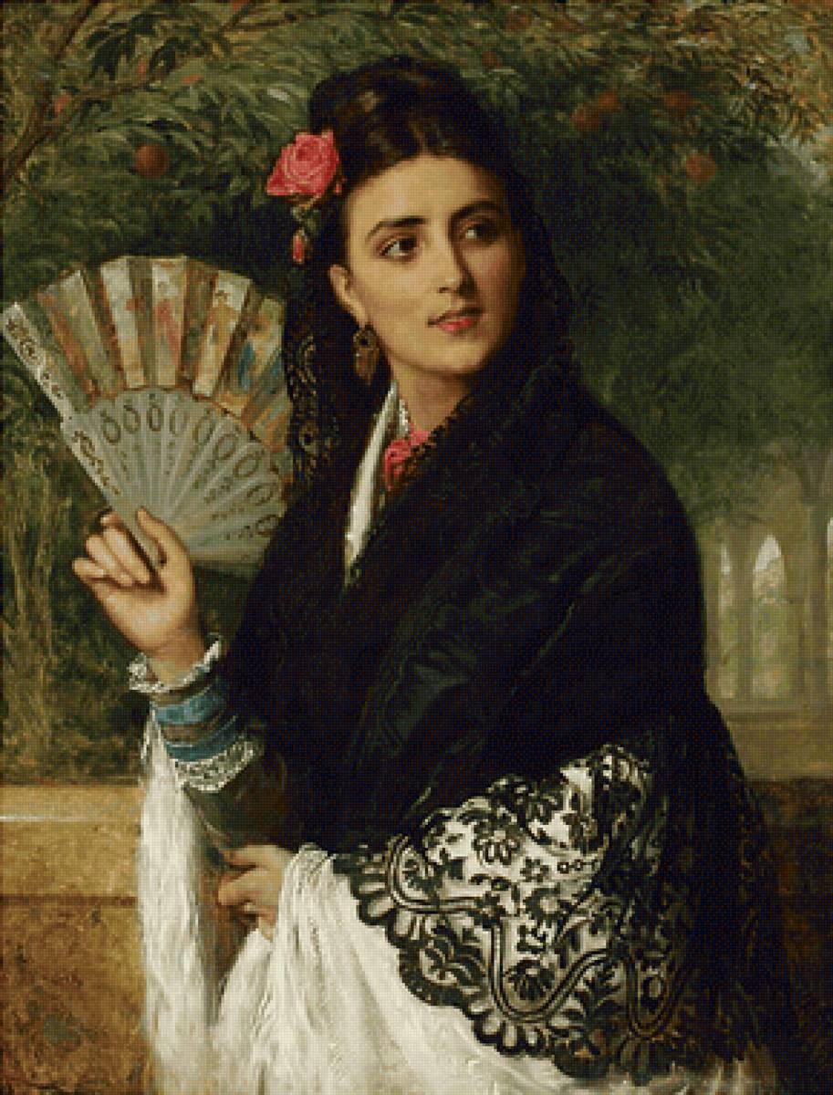 Испанка - испанка, веер, живопись, женщина, девушка, портрет - предпросмотр