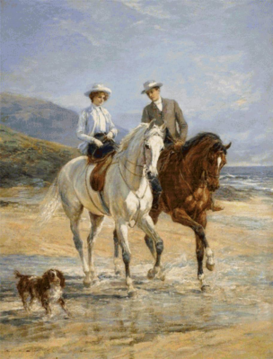 Прогулка на лошадях - берег, лошадь, пейзаж, люди, прогулка - предпросмотр