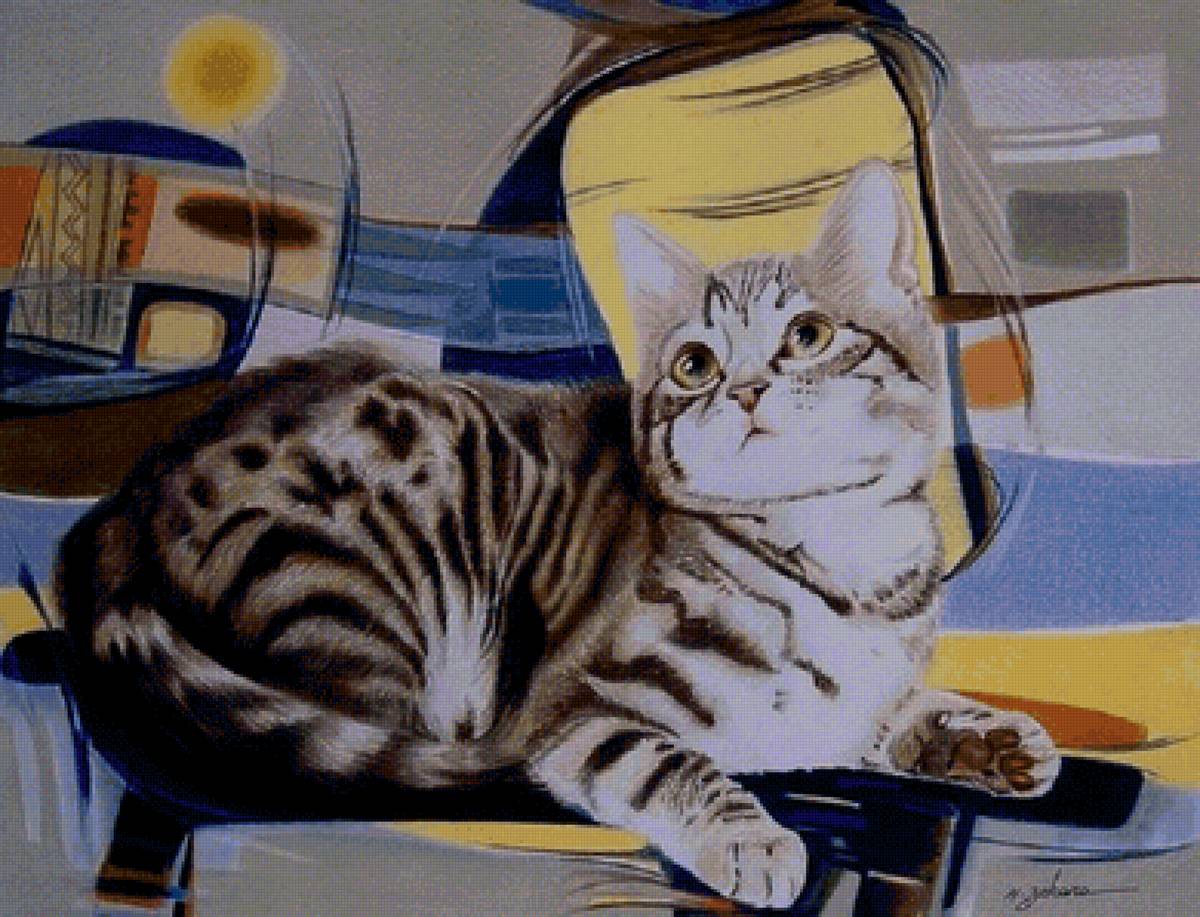 Gato em cima da mesa. - pintura., animais.arte - предпросмотр