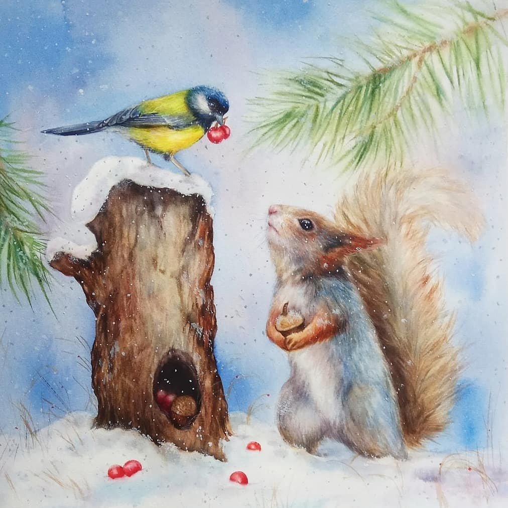 друзья - синичка, лес, пнк, акварель, животные, природа, пейзаж - оригинал