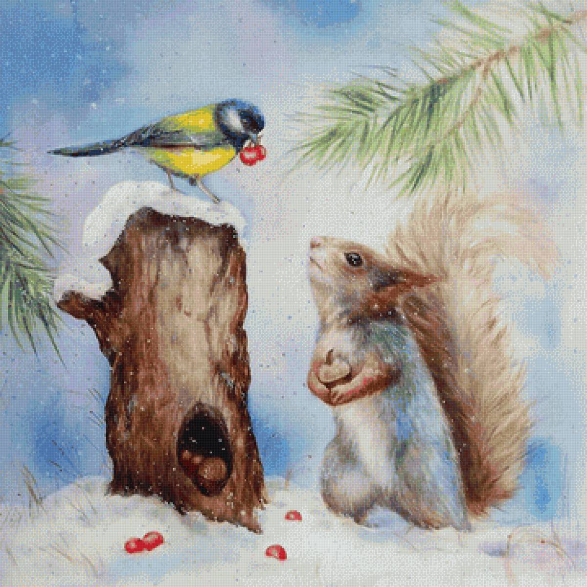 друзья - акварель, животные, синичка, пейзаж, пнк, лес, природа - предпросмотр