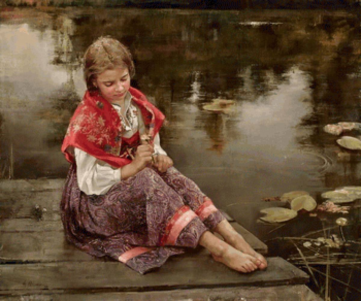 У пруда - девочка, пруд, кувшинки - предпросмотр