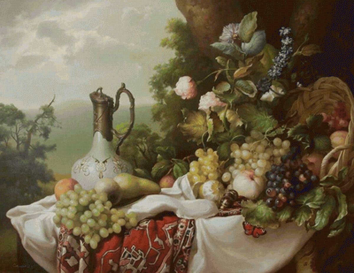 ДМИТРИЙ СЕВРЮКОВ. КУВШИН,ФРУКТЫ,ЦВЕТЫ - натюрморт, фрукты - предпросмотр