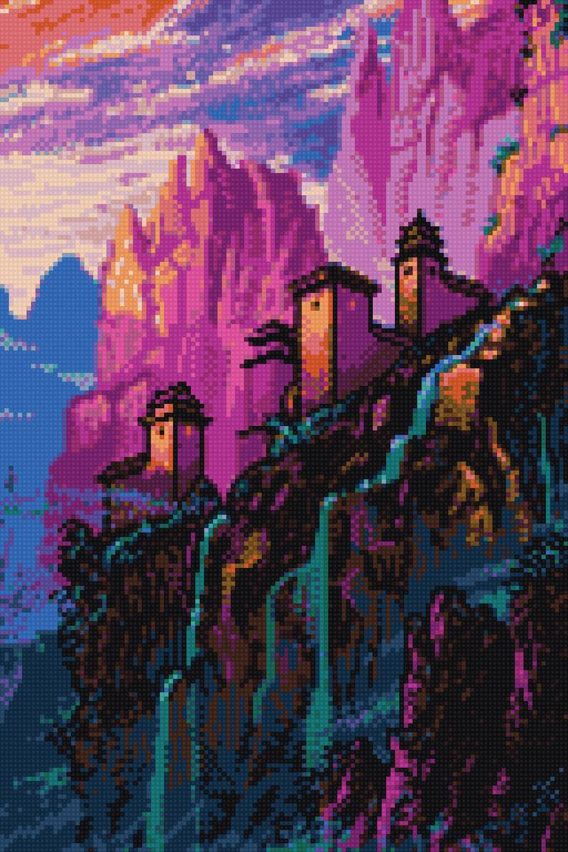 Азия. Крепость в горах. - водопад, закатное небо, горы, крепость, пейзаж - предпросмотр