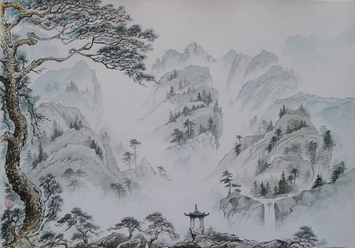 Сосна (гохуа от Shigu) - горы, пагода, вода, природа, шань-шуй, гохуа, китай - оригинал