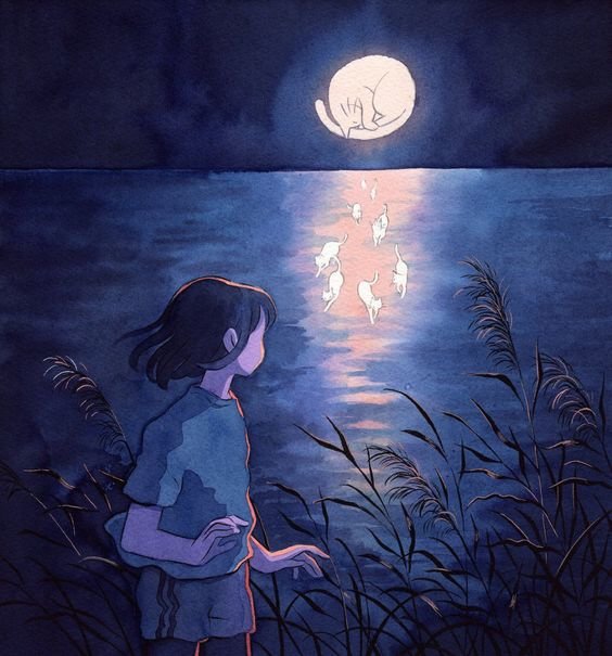 Лунный кот - небо, кошки, камыши, лунная дорожка, ночь, море, девочка, луна - оригинал
