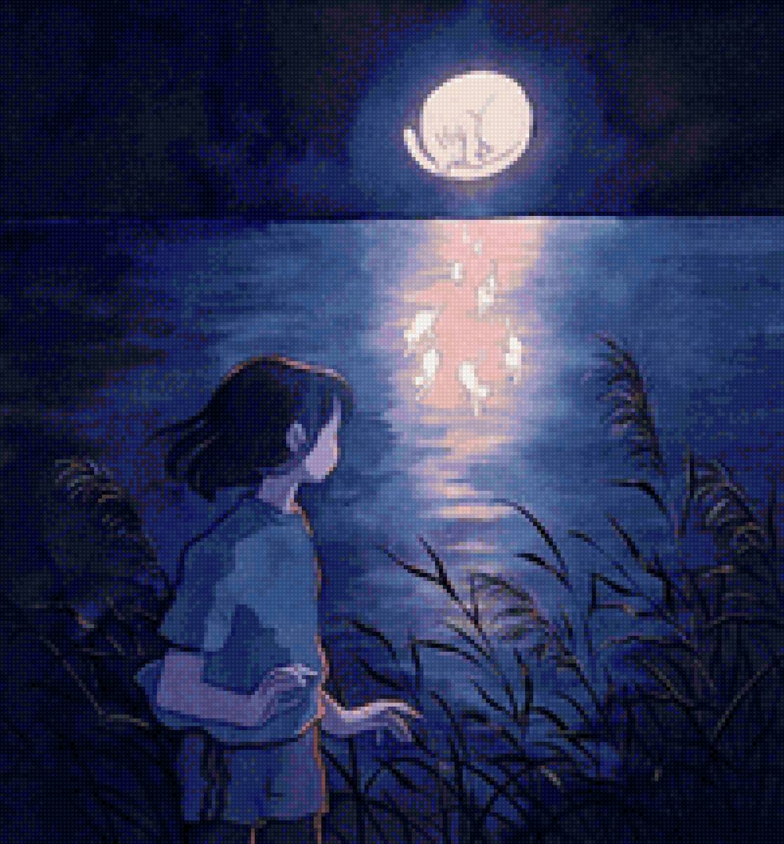 Лунный кот - девочка, ночь, луна, лунная дорожка, камыши, кошки, море, небо - предпросмотр