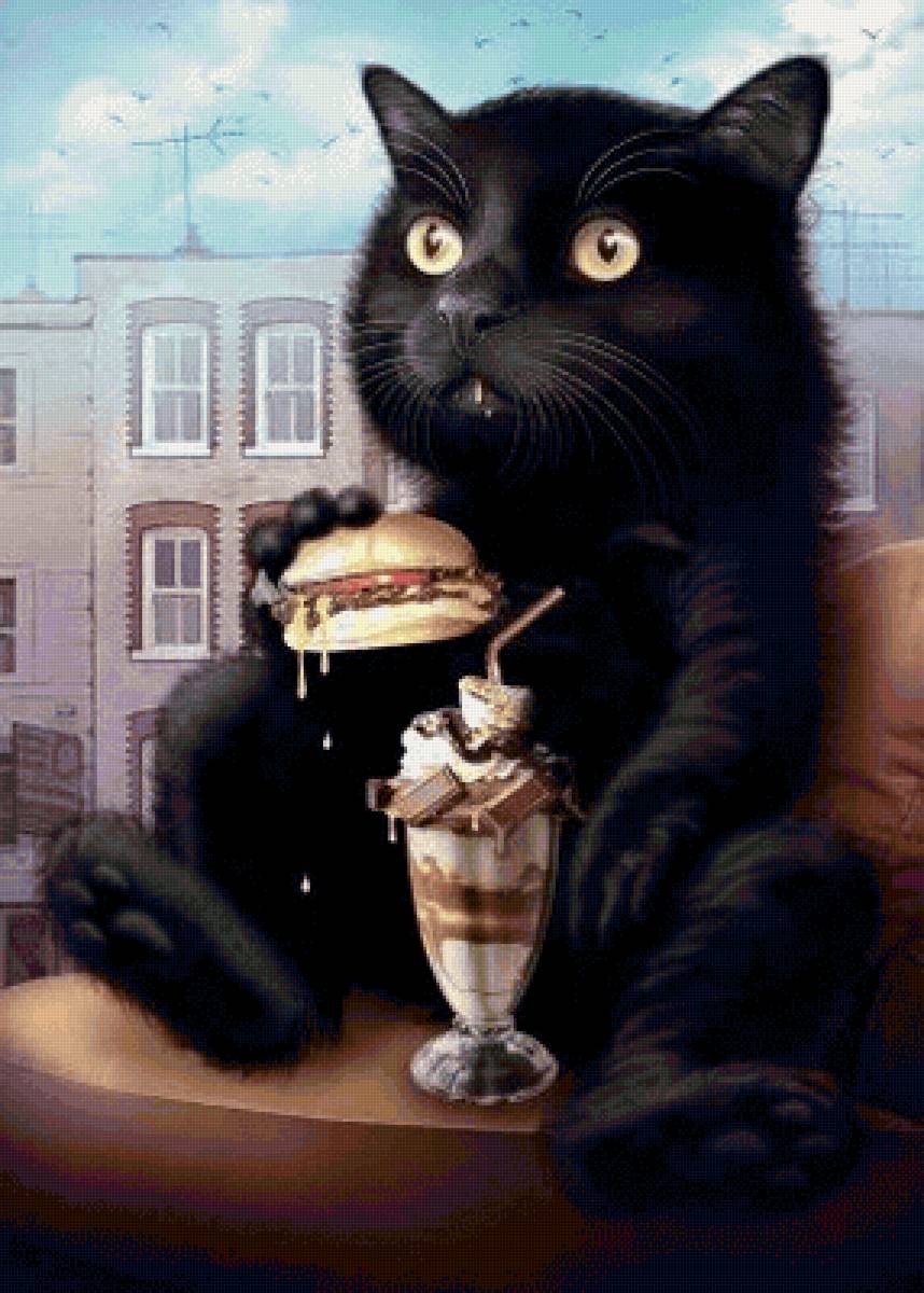 Gato comendo lanche. - animais. ilustração. - предпросмотр