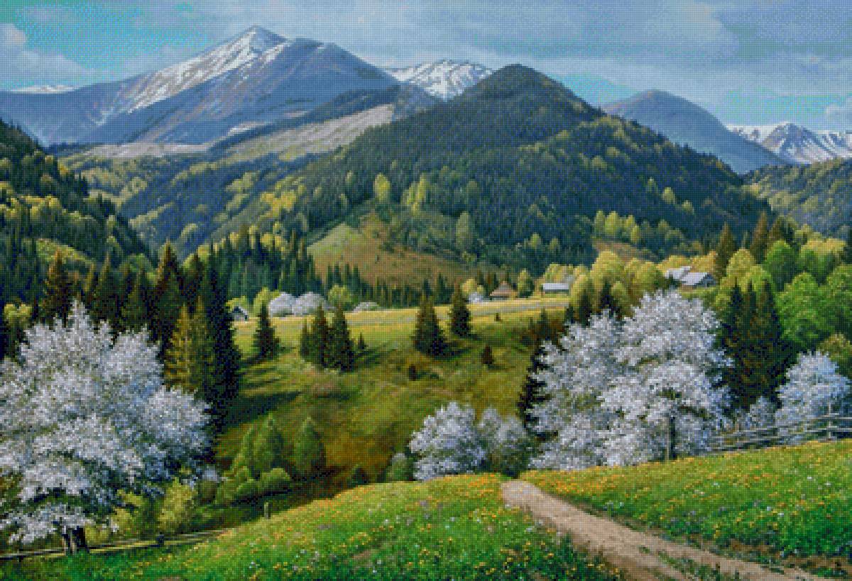 Paisagens de montanhas. - casas, paisagens, flores., montanhas - предпросмотр