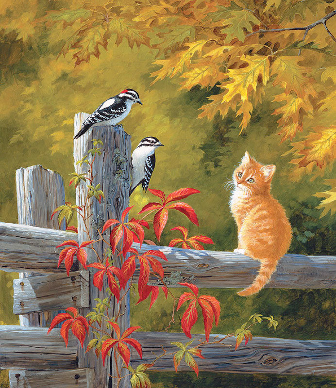 Рыженький котик - котенок, пейзаж, осень, птички - оригинал