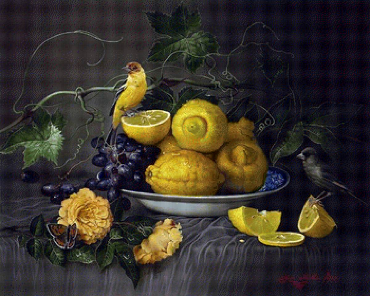 лимоны - натюрморт, птицы, виноград, лимоны - предпросмотр