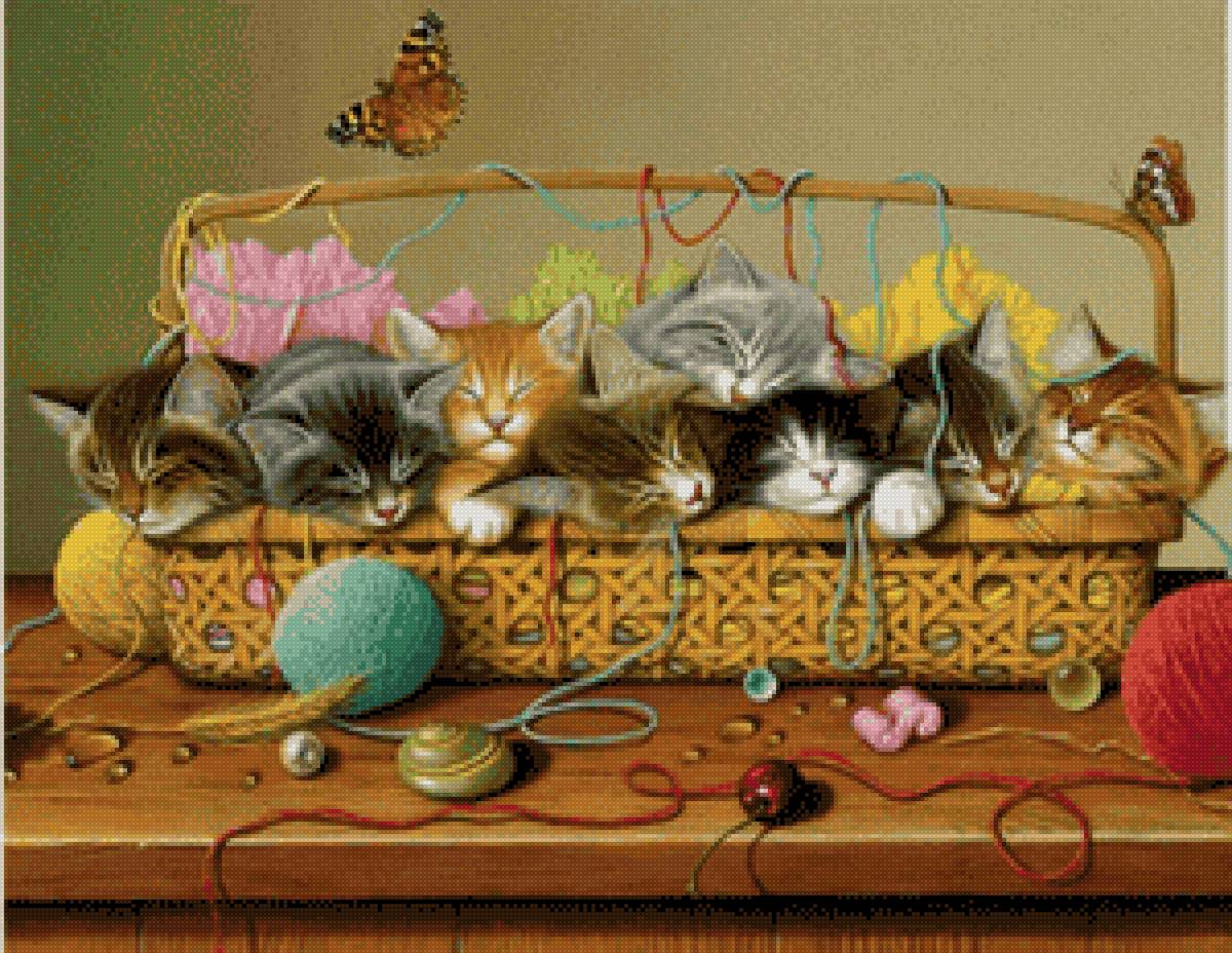 Gatos en cesta - gatos, cesta, dormir, lana, ovillos, mariposa - предпросмотр