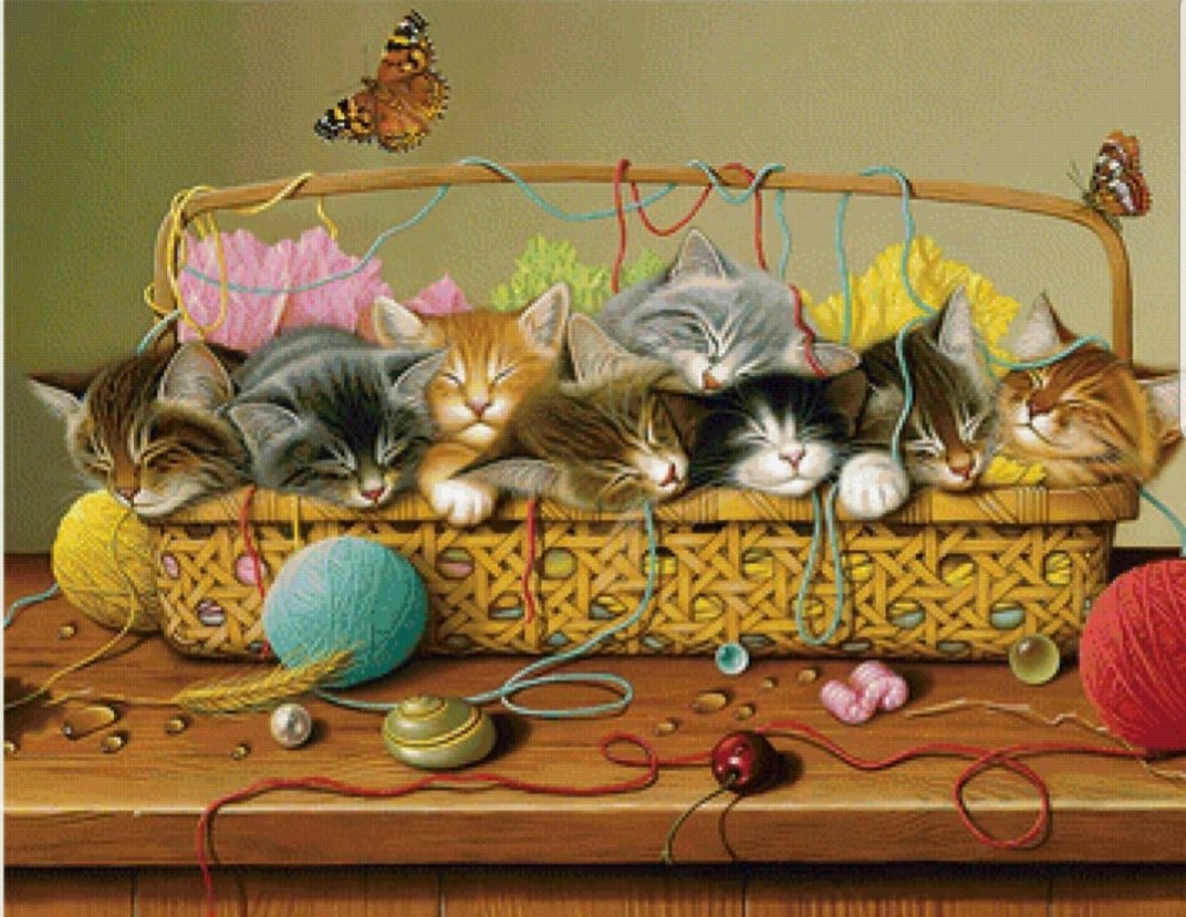 Gatos en cesta - ovillos, dormir, mariposa, lana, cesta, gatos - оригинал