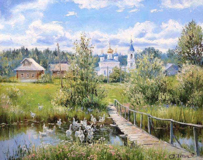 Пейзаж - мостик, церковь, лето, природа - оригинал