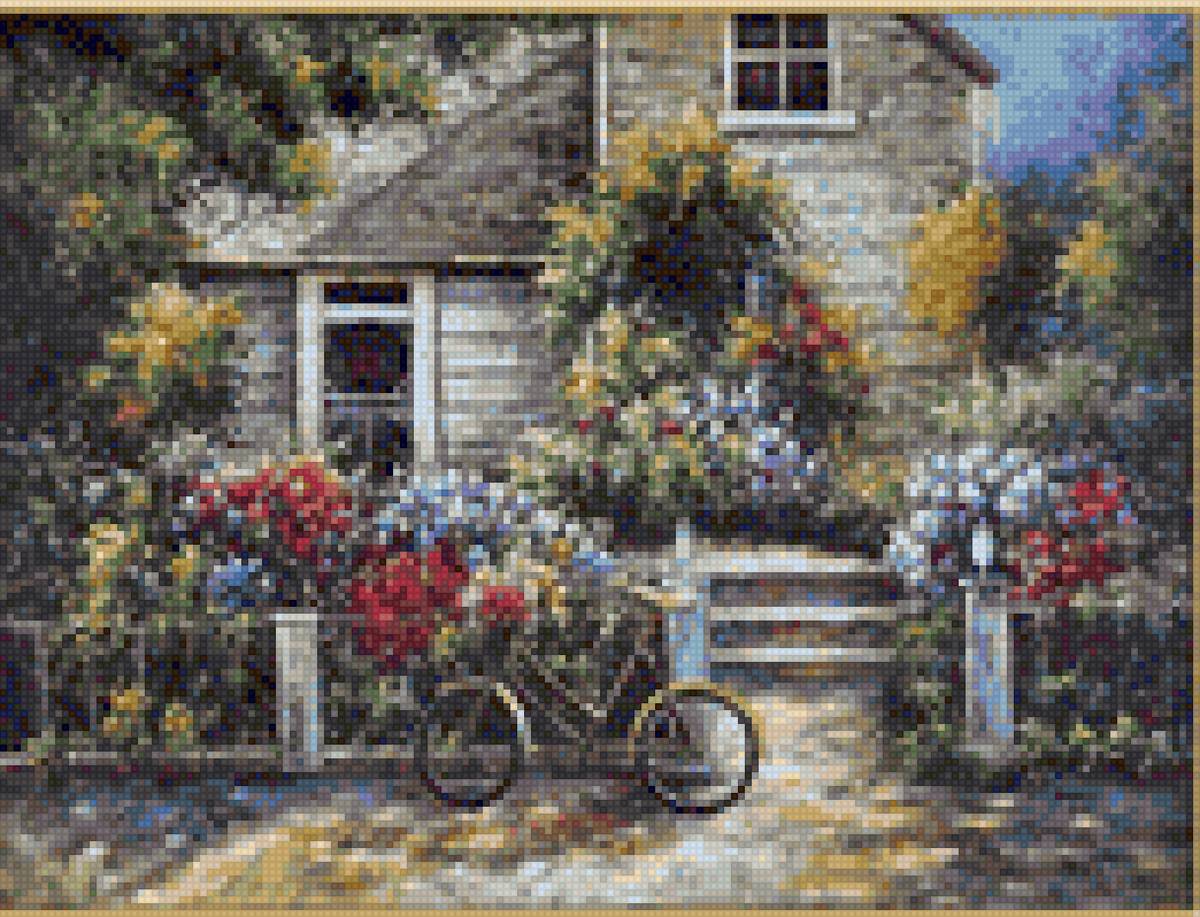 Casa madera primavera - paisaje, casa, madera, bicicleta, flores - предпросмотр