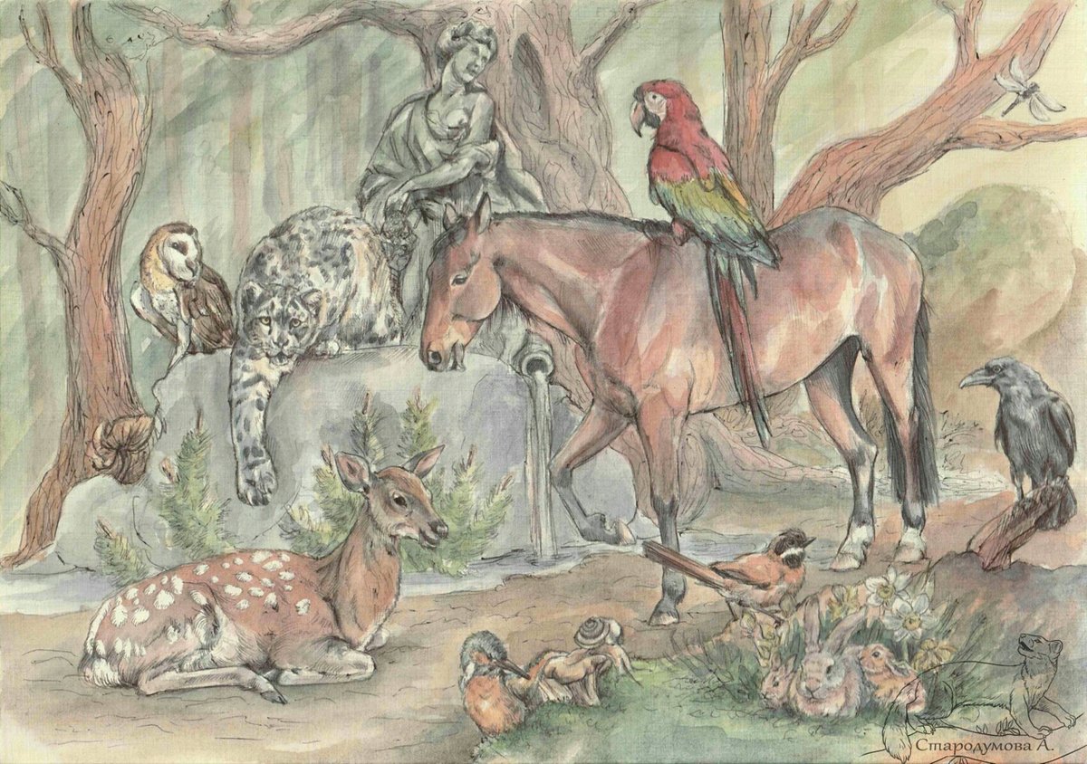 Зачарованный лес. Художник Анастасия Стародумова - животные, олень, ирбис, сова, лошадь, художник, птицы - оригинал