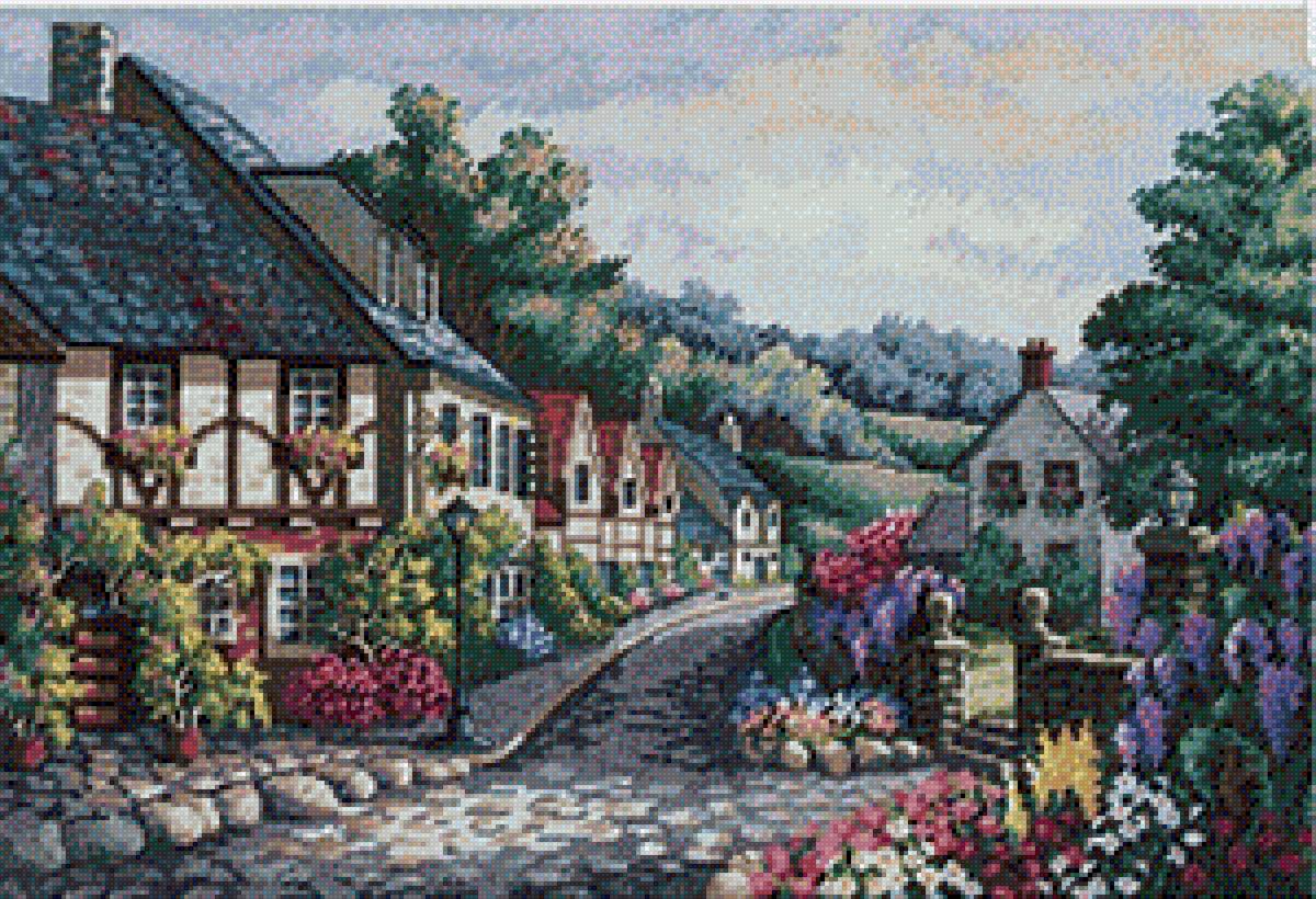 Calle pueblo - flores, casas, paisaje, calle, montañas - предпросмотр