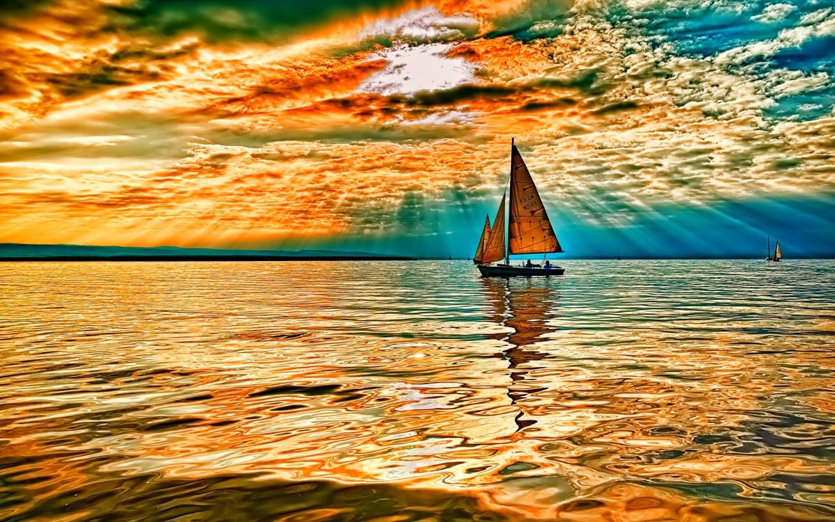 Закат - море, закат, корабль - оригинал