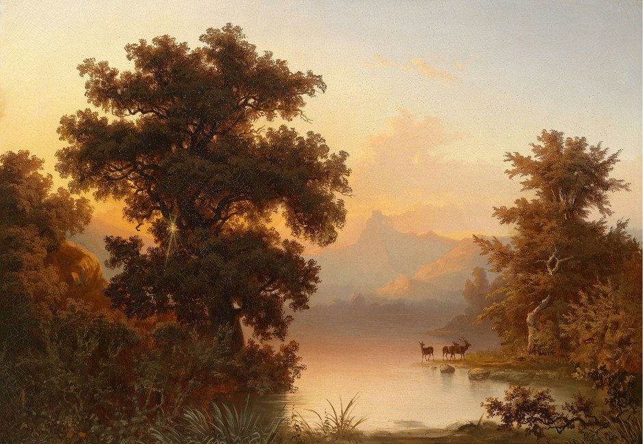 Закат на озере - #пейзаж #олени закат - оригинал
