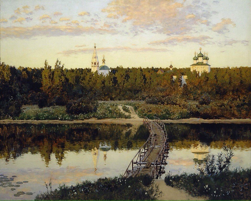 Левитан "Тихая обитель" - лес, река, левитан, церковь, живопись, русские художники - оригинал