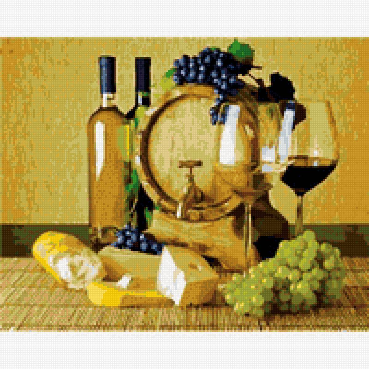 Винный натюрморт - сыр, виноград, бочка, бутылка, бокал, вино - предпросмотр