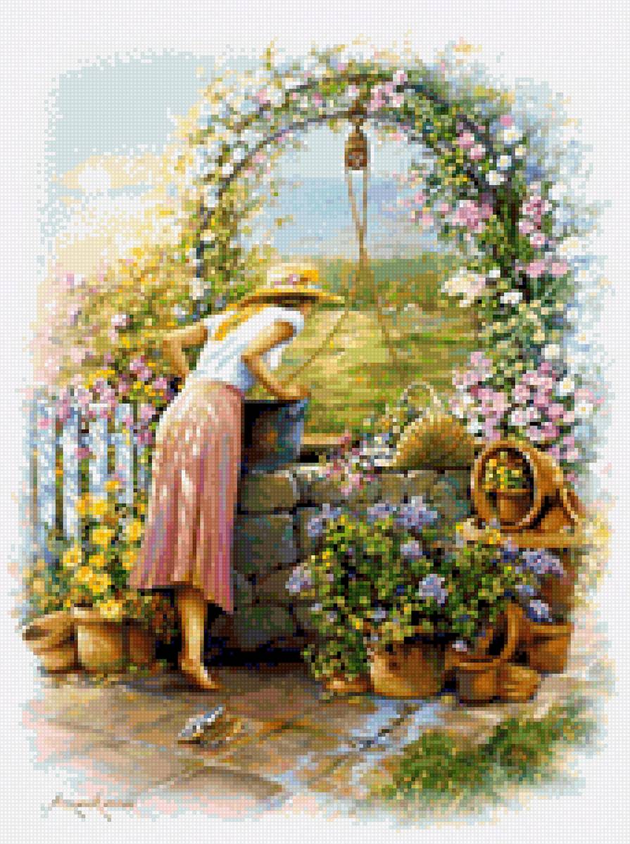 Девушка у колодца - колодец, цветы, девушка - предпросмотр