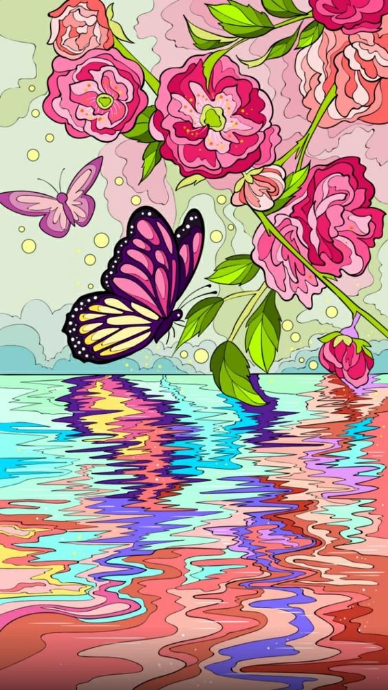Вода, цветы и бабочки - оригинал