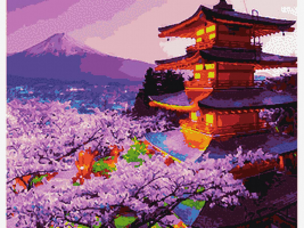 Пагода над сакурой - сакура, вечер, пагода, закатное небо, горы, япония - предпросмотр