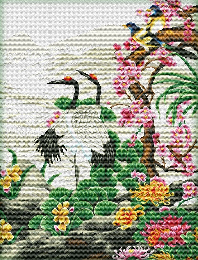 Crane Paradise - flowers, birds - оригинал