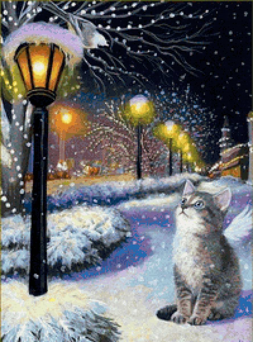 зимний вечер - вечер, улица, зима, фонарь, кот - предпросмотр