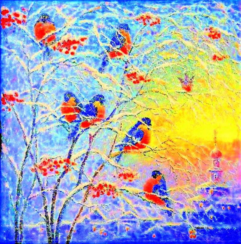 зима - пнк, зима, церковь, деревья, снегири, птицы, рябина, снег - оригинал