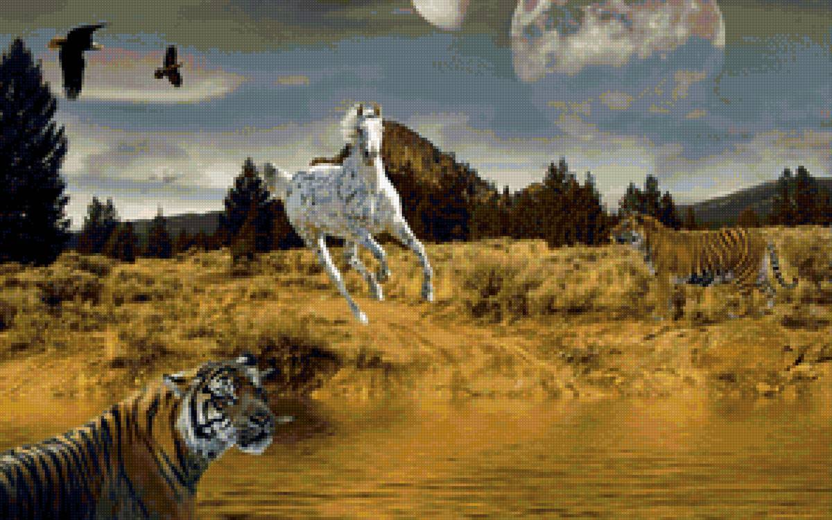 Тигры и лошадь - тигр, птицы. небо, лошадь, птица, луна - предпросмотр