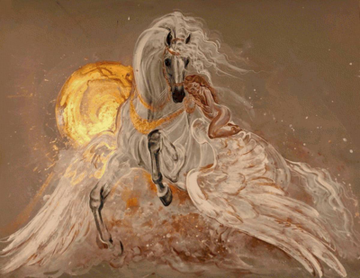 Пегас и дева - лошади, мифология, рисунок, животные - предпросмотр