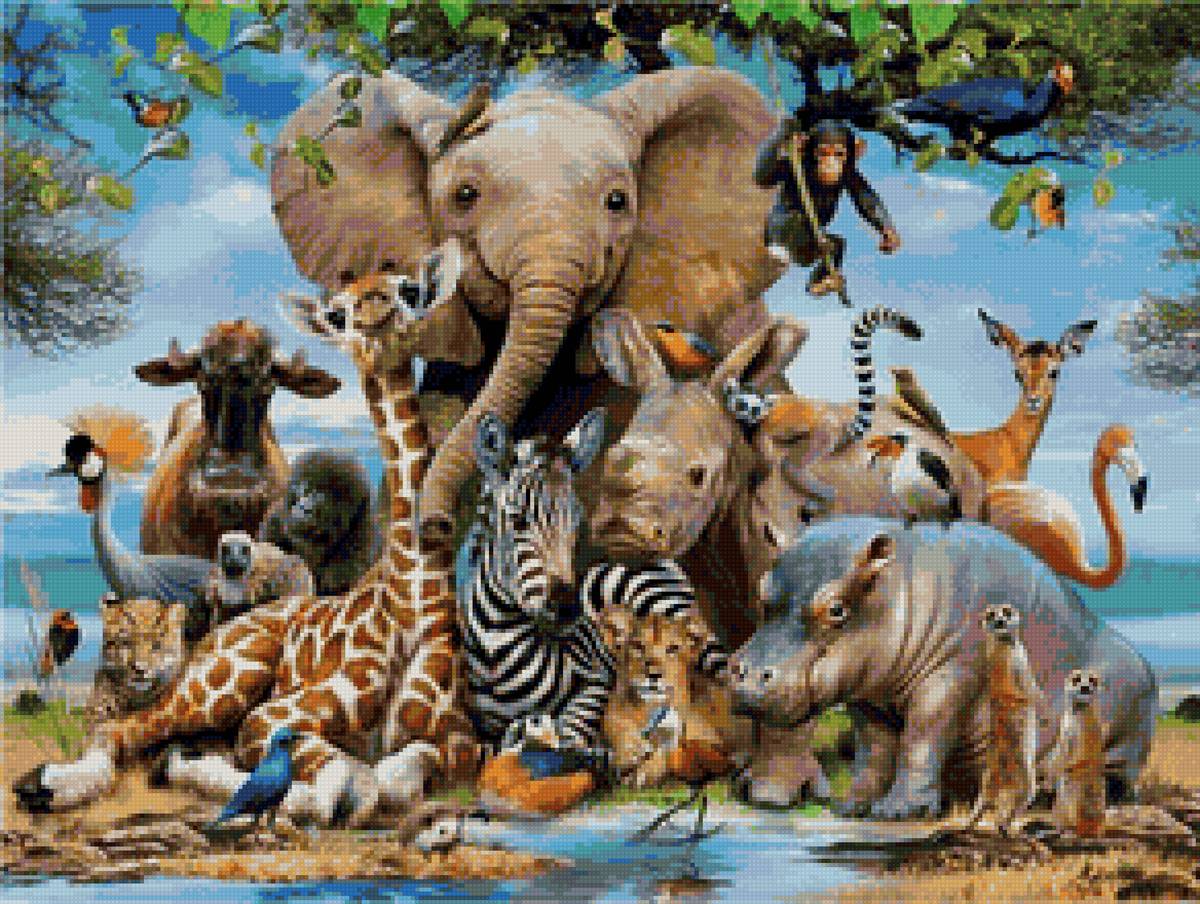 Африканские животные - обезьяна, бегемот, тигр, жираф, фламинго, слон, животные, африка - предпросмотр