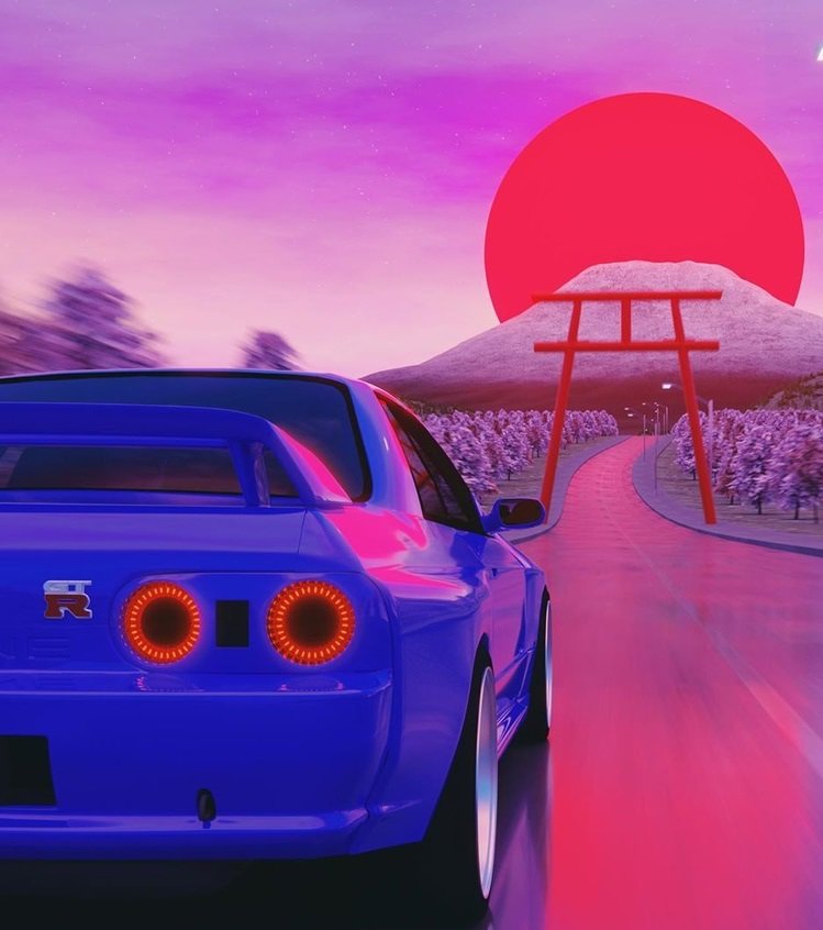 Пейзаж с машиной в японском стиле - закат, япония, солнце, машина - оригинал