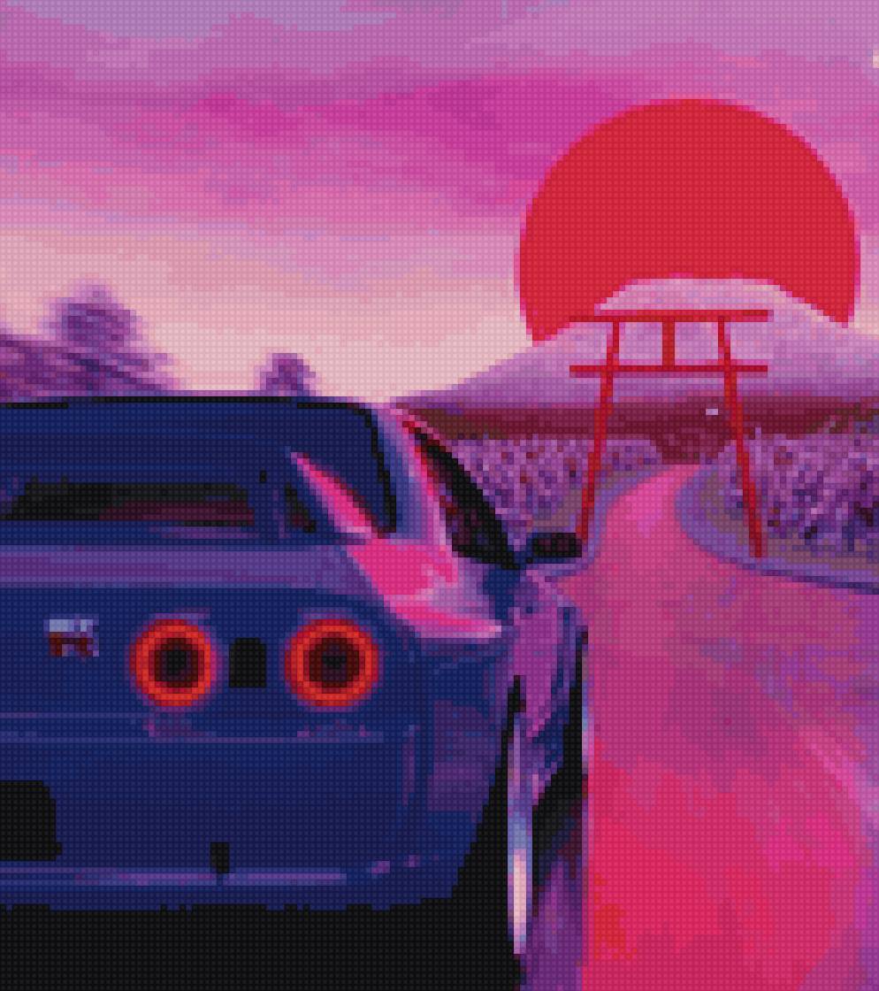 Пейзаж с машиной в японском стиле - япония, солнце, машина, закат - предпросмотр