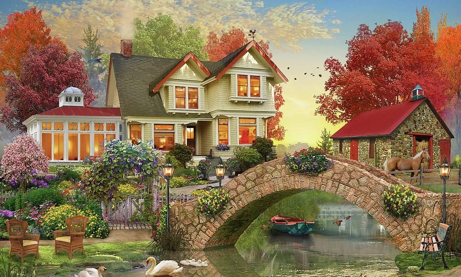 Paisagem rural. - rio, casa, flores. - оригинал