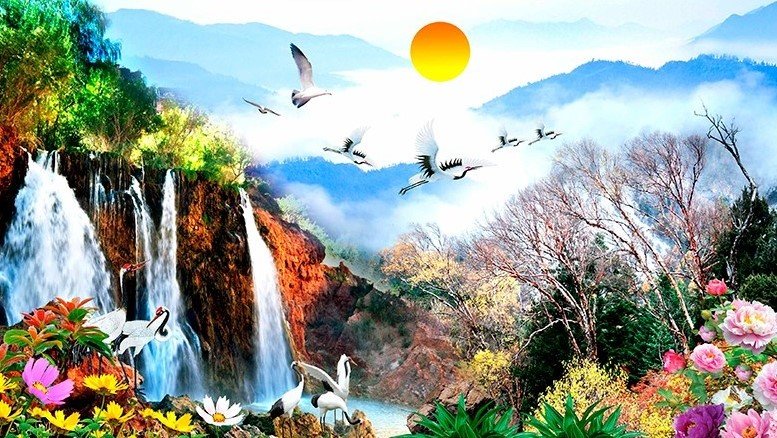 Crane Paradise - falls, birds - оригинал