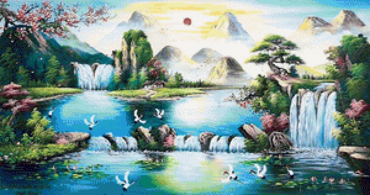 Crane Paradise - falls, birds - предпросмотр