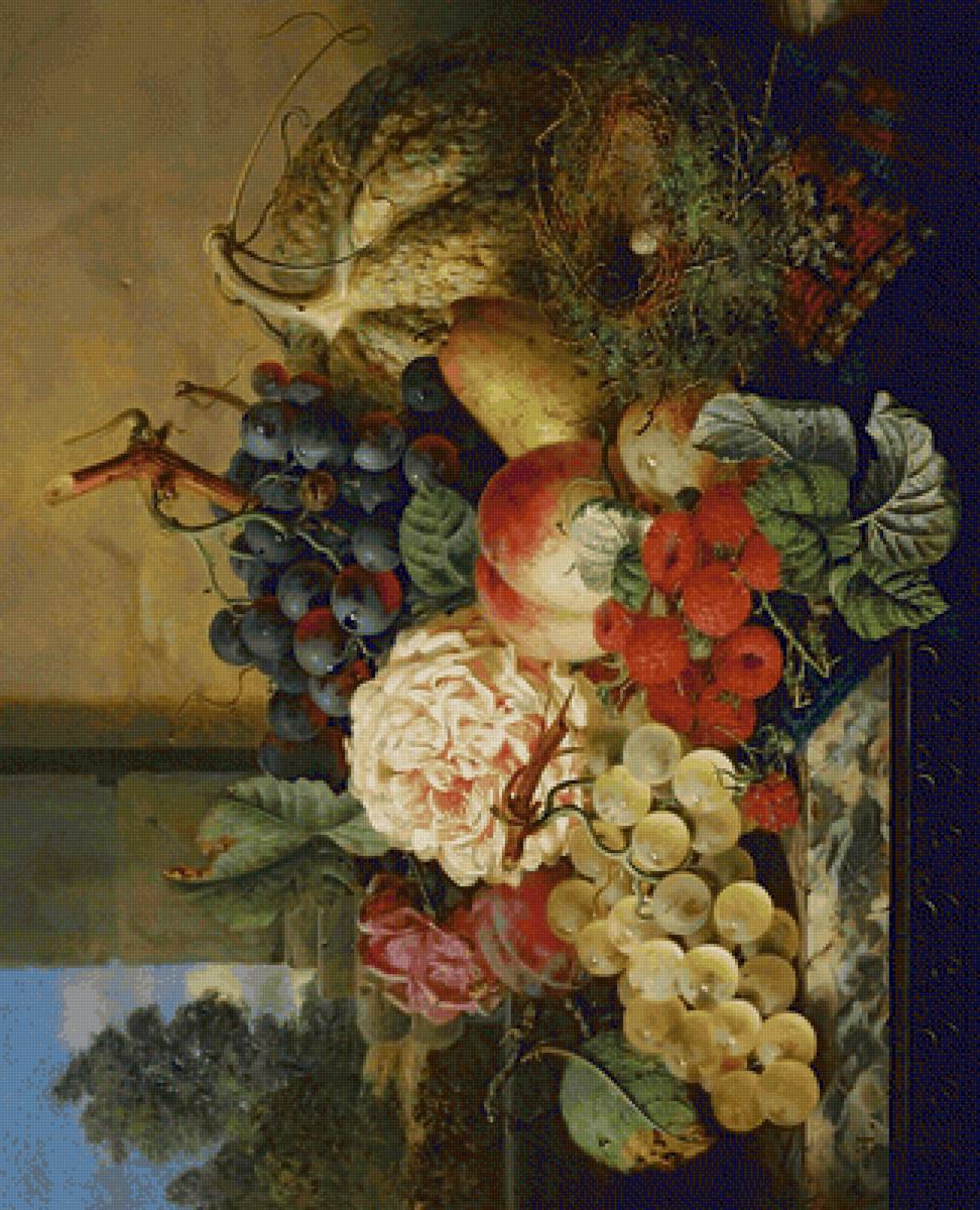 ЭДВАРД ЛАДЕЛЛ. НАТЮРМОРТ. ВИНОГРАД, ТЫКВА И ГНЕЗДО - фрукты, натюрморт - предпросмотр