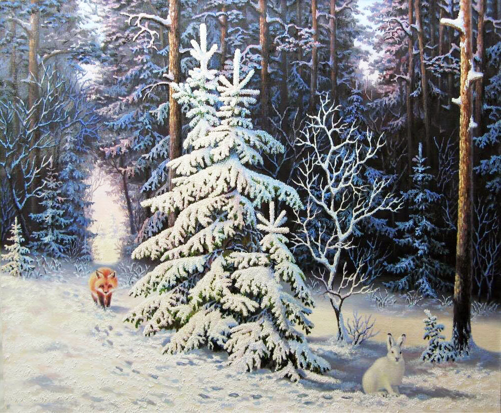 Охота - зима, лиса, пейзаж, лес, заяц - оригинал