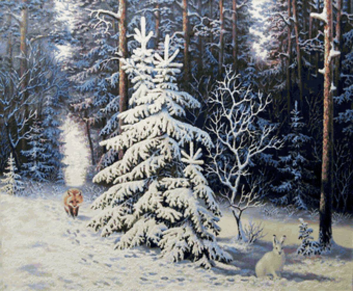 Охота - заяц, лес, зима, лиса, пейзаж - предпросмотр