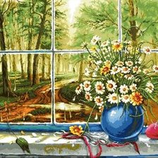 Схема вышивки «Jarron Azul con Margaritas»