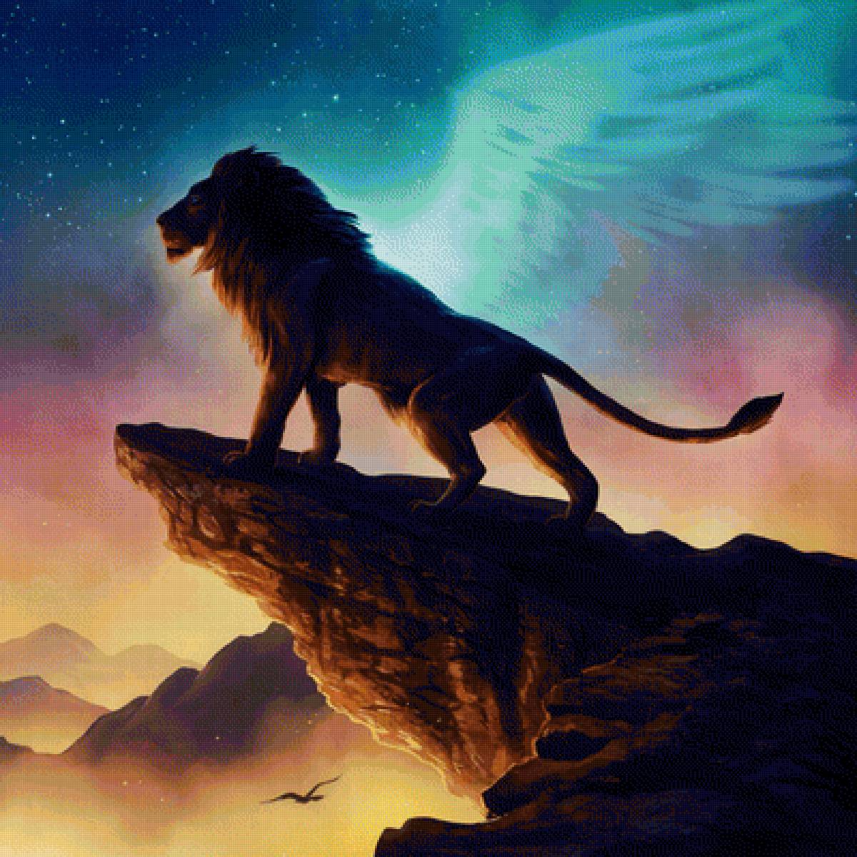Лев и видение - ночь, звезды, облака, лев, вечер, птица - предпросмотр