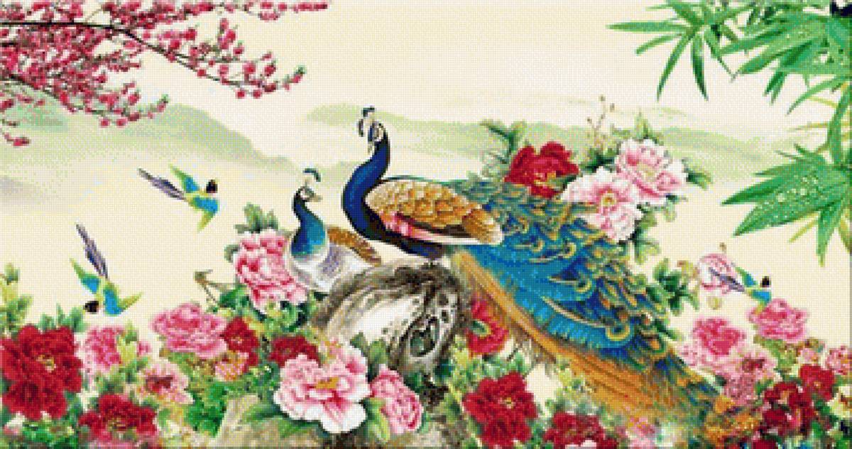 Peacocks and Flowers - flowers, peacock - предпросмотр