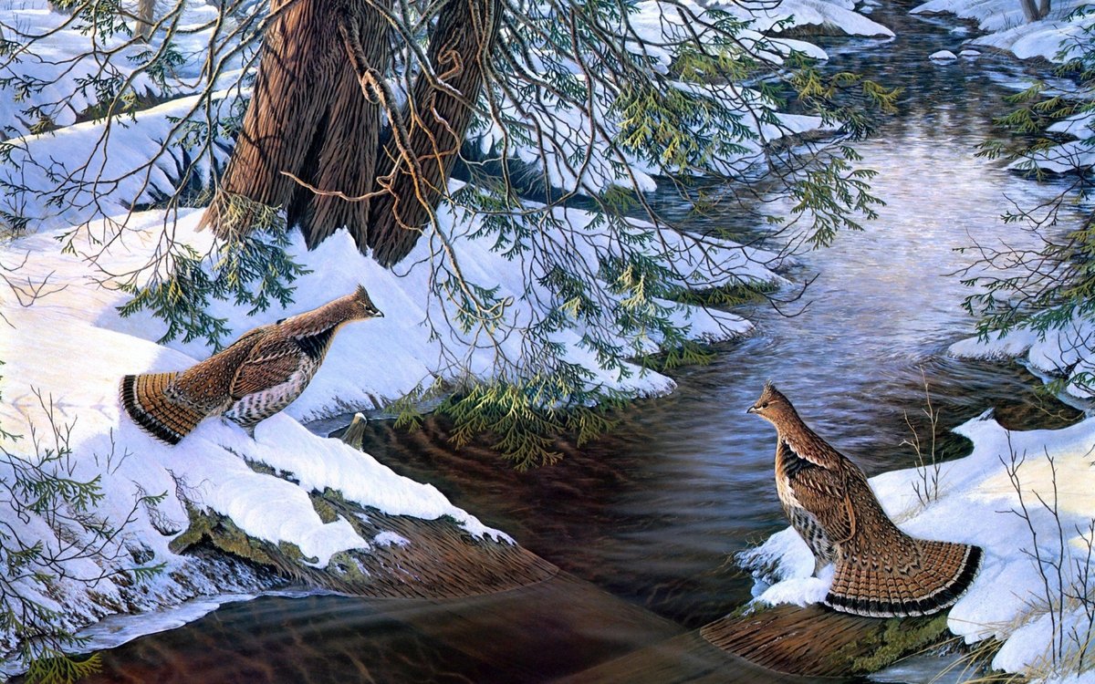 птицы - река, зима, птицы, лес - оригинал