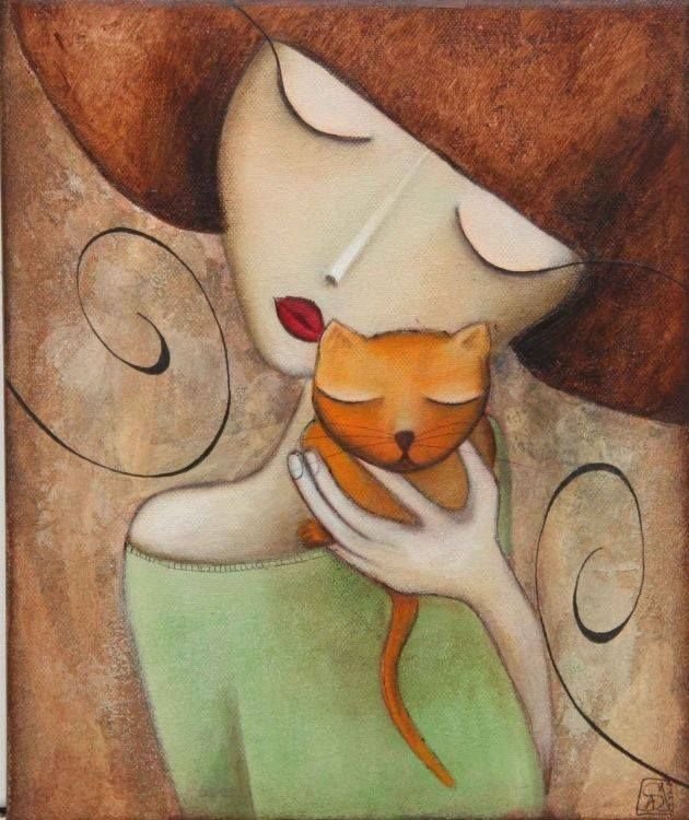Menina com gato. - animais. ilustração.pintura.menina. - оригинал