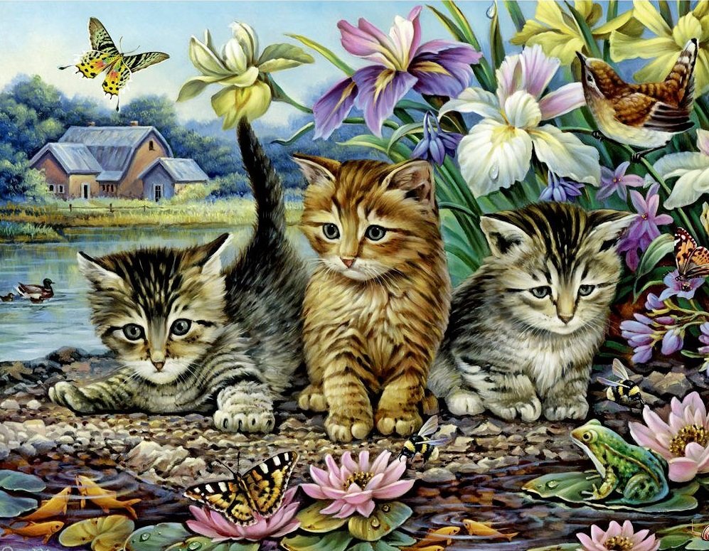 Gatinhos travessos. - animais.casa.lago.flores. - оригинал