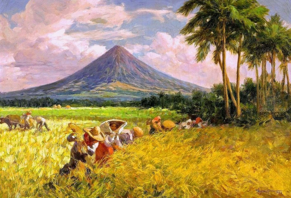 1956 Rice Field near Mayon Volcano - painting, amorsolo - оригинал